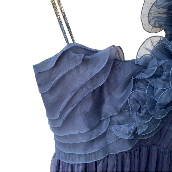 BCBG MAXAZRIA Dark Blue Grey Metallic Tulle Overlay One Shoulder Dress 6 - Picture 9 of 16